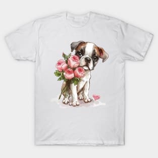 Valentine Boxer Dog Giving Flowers T-Shirt